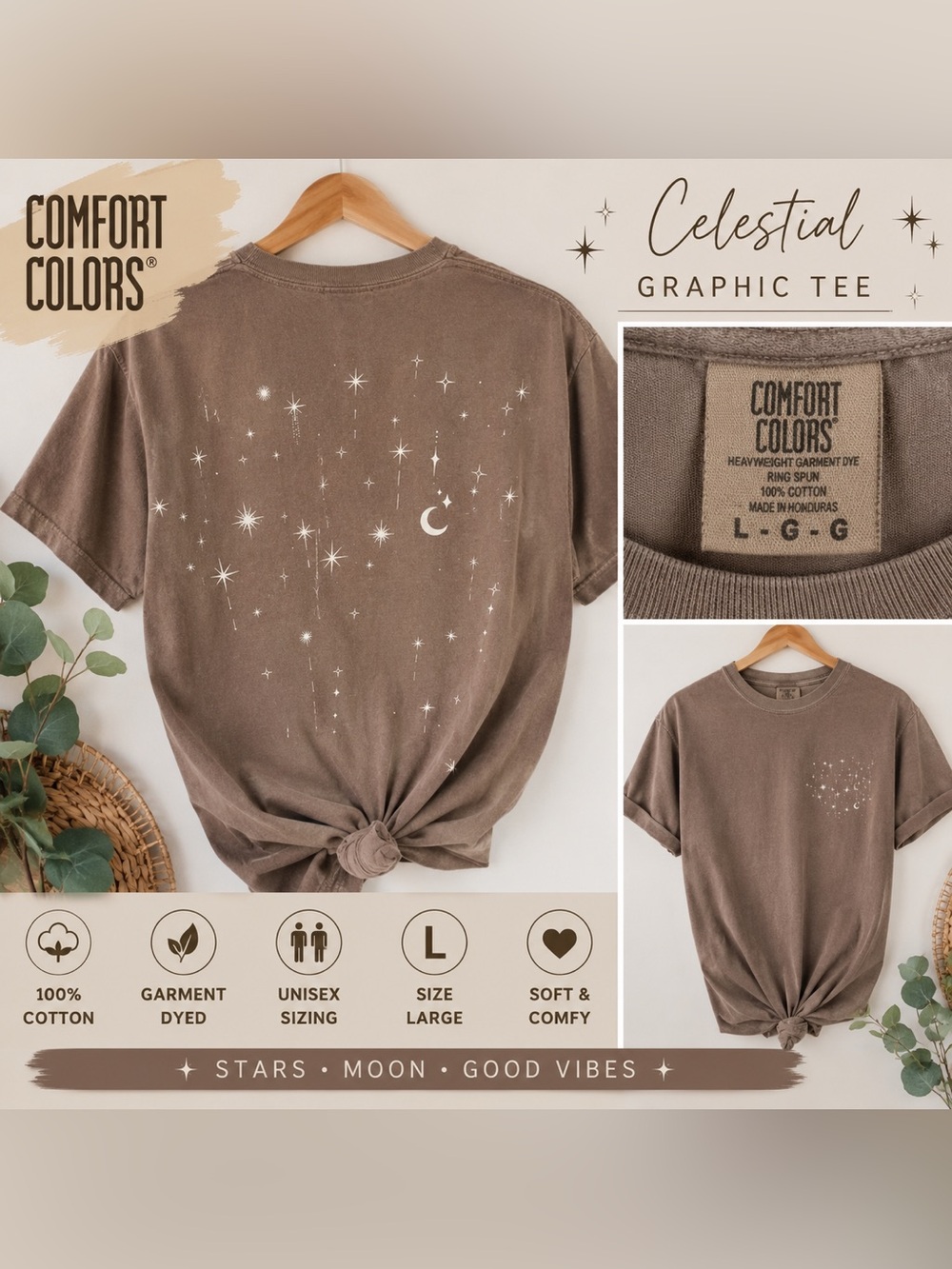 Comfort Colors Celestial Stars Moon Graphic Tee Taupe Brown Size L